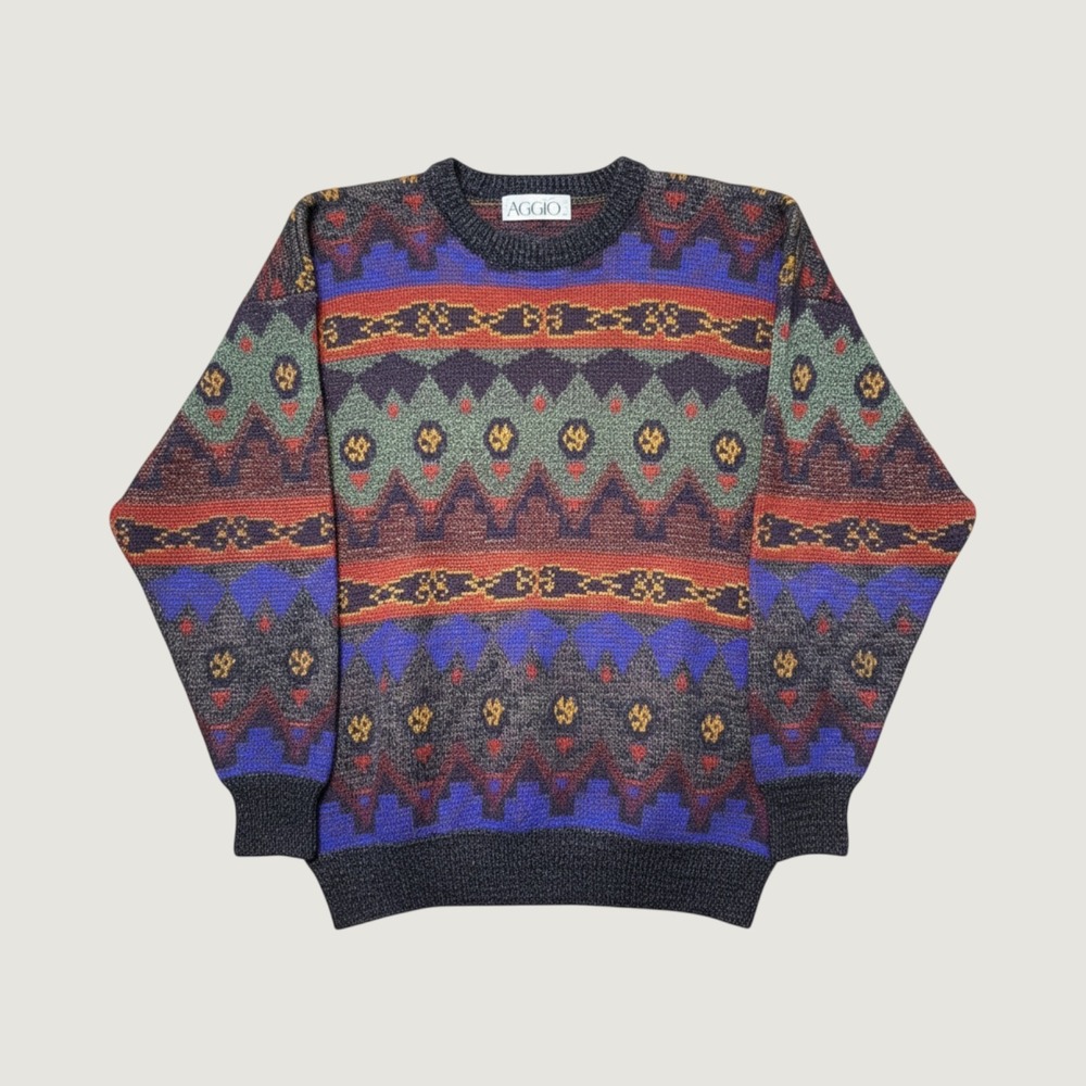 Aggio Vintage 90s Geometric Abstract Wool Blend Knit Sweater Mens XL Multicolor